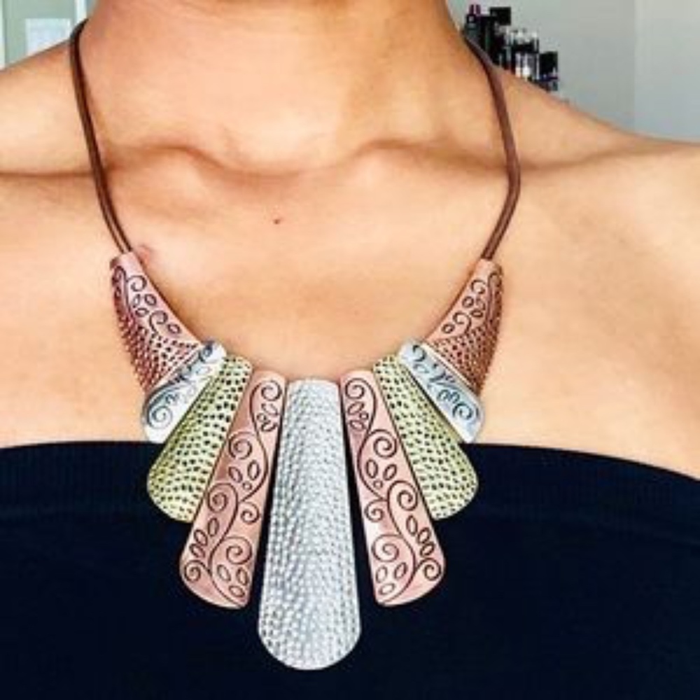Tribal Copper Silver Gold Fan Bib Necklace - Picture 1 of 7